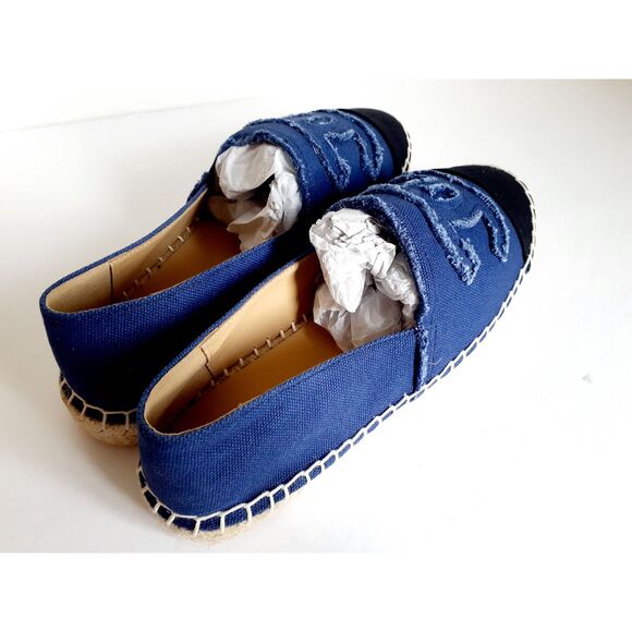 Chanel Blue Black Cap Toe Linen Canvas CC Espadrilles NIB EU38 US7.5Authentic - Picture 2 of 14